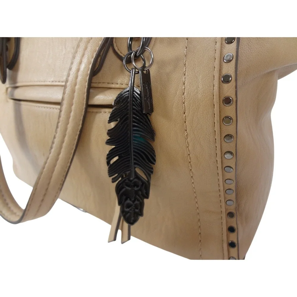 Jessica Simpson Misha Satchel Crossbody Tan Stud Trim Feather Charm Faux Leather
